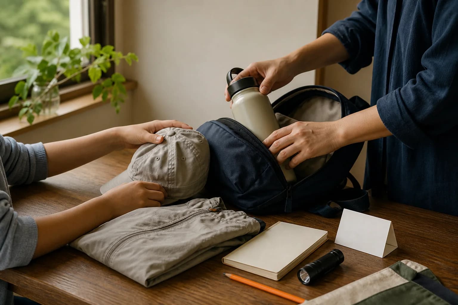 AI 合成的品牌概念影像：家长与孩子只露出手部，共同整理一次近郊探索所需的基础物品