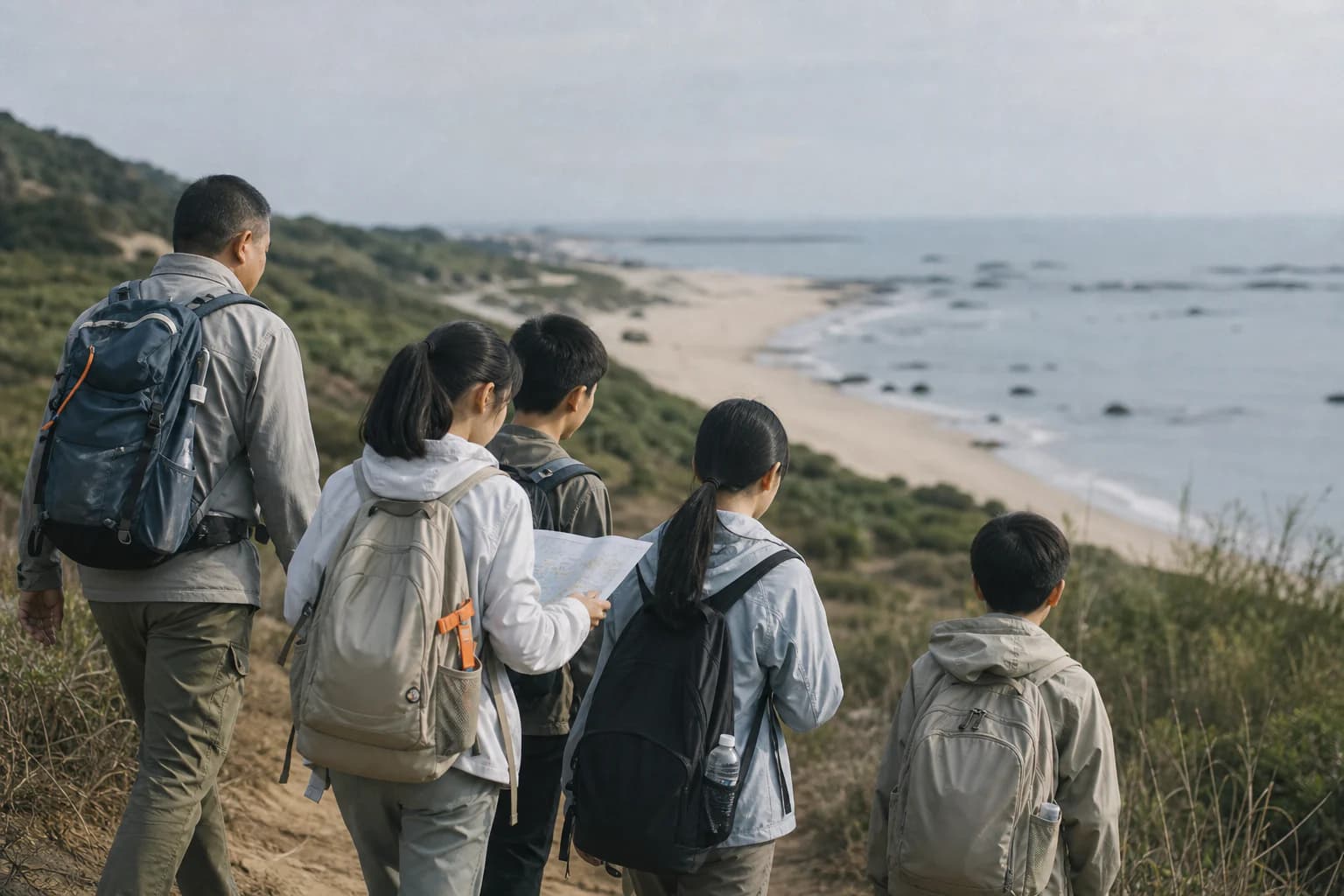 AI 合成的品牌概念影像：青少年团队在成人导师带领下沿安全海岸路线查看地图前行